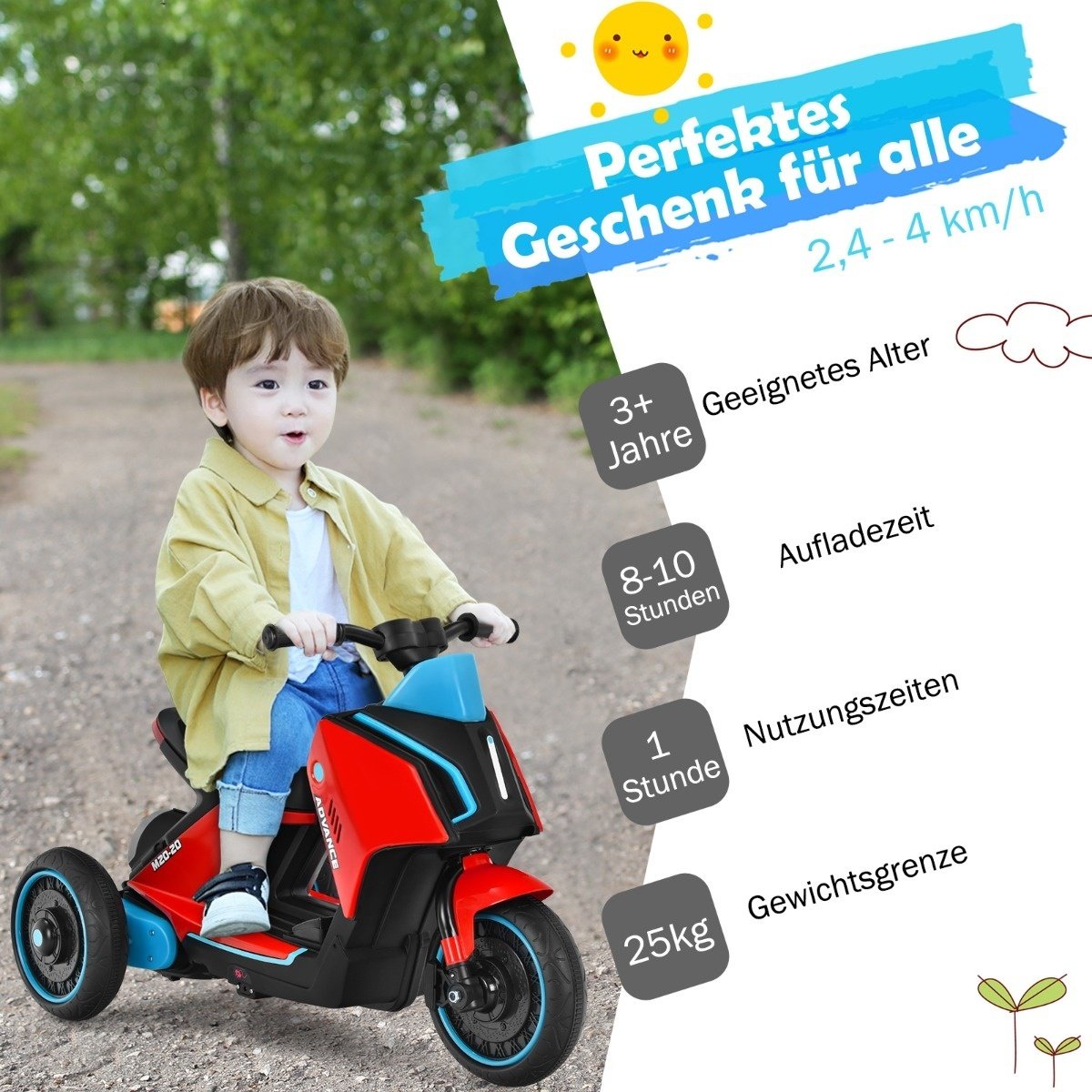 0661706153539 - 6V Elektro Motorrad mit Scheinwerfer und Rücklicht Dreirad Kindermotorrad mit Musik und Hupe bis 4 km h Elektrofahrzeug ab 3 Jahren Rot