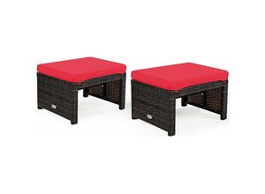 0661706169370 - 2er Set Fußhocker Rattan Gartenhocker 160 kg belastbar Sitzhocker inkl Kissen abnehmbar Fussstütze Ottomane Hocker 49x40x28 cm (Rot) - Giantex