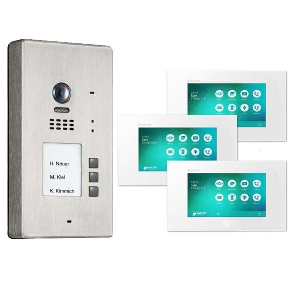 0663140855307 - BALTER EVIDA Silber RFID Edelstahl 2-Draht BUS Video Türstation Aufputz 3 Familienhaus Set