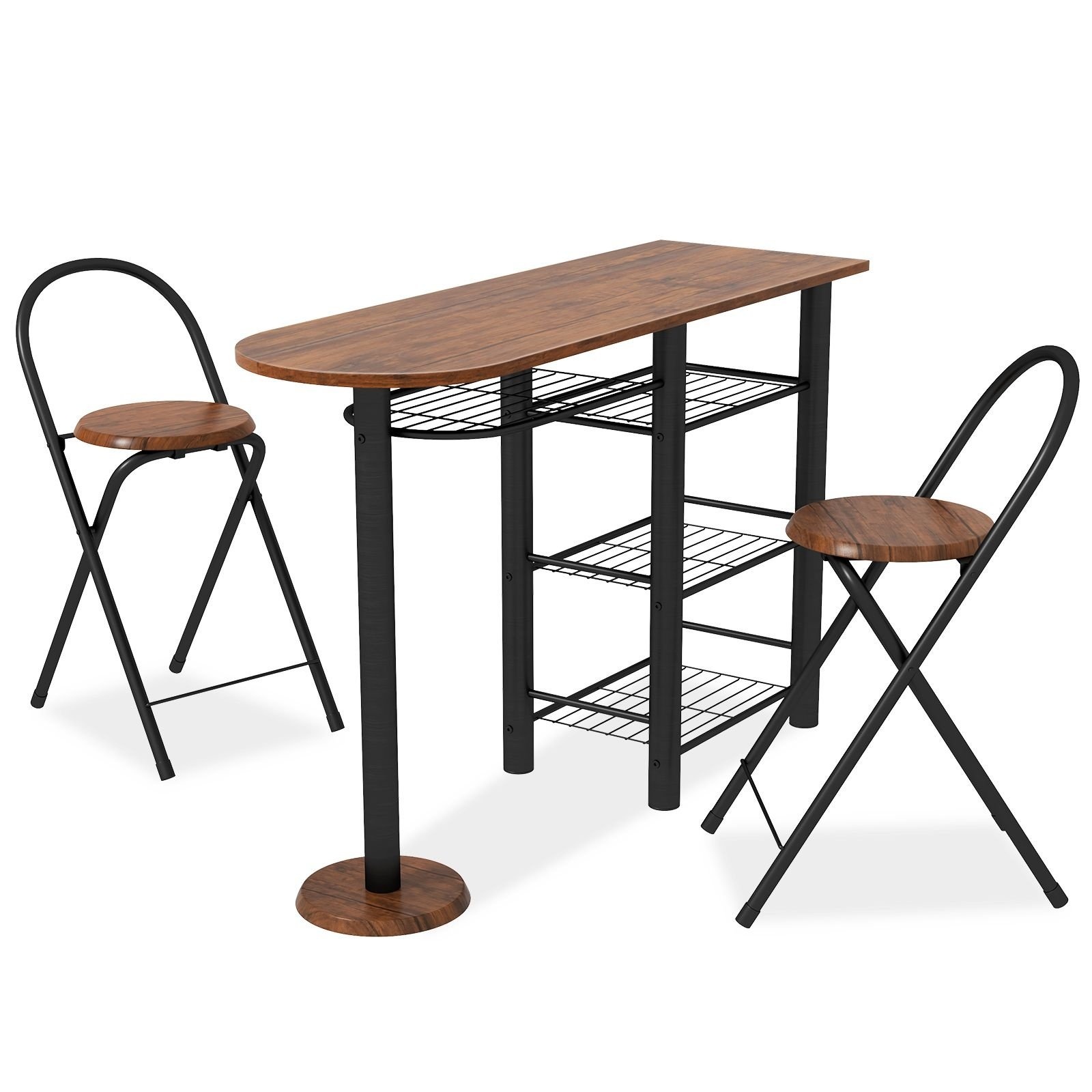 0697521470179 - 3-teiliges Esstisch-Set - Tisch mit Ablage - 2 Klappstühle - 120 x 40 x 79 cm - Rustikales Braun