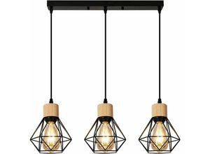 0699962921791 - Pendelleuchte aus Schwarz und Holz industrieller Wohnzimmer-Kronleuchter aus Metall 3 Lampen E27 Vintage-Deckenlampe für Schlafzimmer (Glühbirne