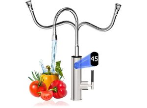 0709987183644 - Oihpaw - Wasserhahn 3200W Elektrische Wasserhahn led Digitalanzeige Edelstahl Flexibel Drehbar Wasserhahn Silber