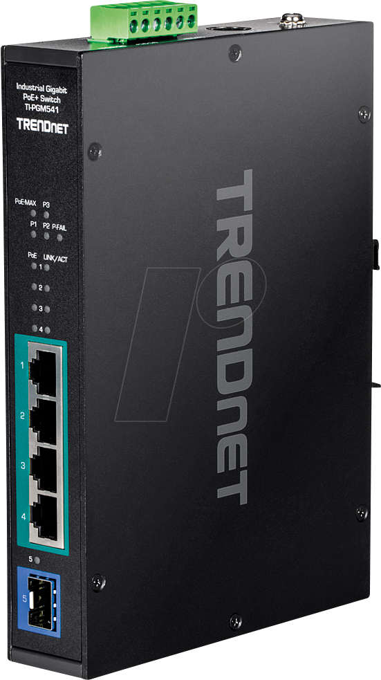 0710931162196 - TRENDnet TI-PGM541 - Switch - -20 Â°C - 65 Â°C (-4 Â°F - 149 Â°F) - 4 x 10 100 1000 (PoE+) + 1 x Gigabit SFP