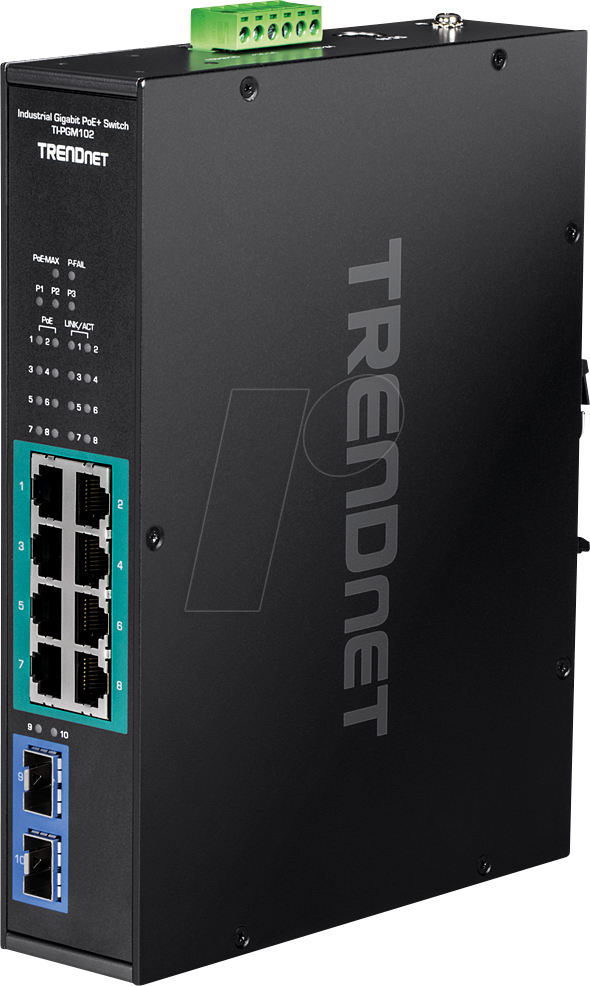 0710931162202 - TRENDnet TI-PGM102 - Switch - industriell - 8 x 10 100 1000 (PoE+) + 2 x Gigabit SFP - an DIN-Schiene montierbar wandmontierbar - PoE+ (240 W)