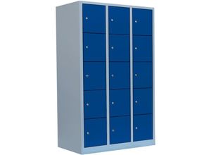 0718046713913 - Lüllmann ® - Schließfachschrank Fächerschrank Wertfachschrank Fächerschrank Metall 190 x 1185 x 45cmm Lichtgrau Blau 15 Fächer 3 Abteile