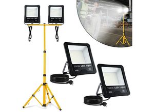 0722909778988 - Froadp 2x200W LED Baustrahler mit Tripod-Ständer & 3m Netzkabel & EU-Stecker Aluminiumgehäuse Arbeitsleuchte Blitzschutz Fluter IP66 Wasserdichte LED