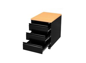 0723794148863 - Lüllmann ® - Profi Stahl Büro Rollcontainer Bürocontainer Holzabdeckplatte 3 Schubladen Maße 62x46x59cm ral 9005 Schwarz Platte Buche-Dekor 505301