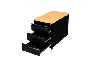 0723794148887 - Lüllmann ® - Profi Stahl Büro Rollcontainer Bürocontainer Holz-Abdeckplatte 3 Schubladen Maße 62x46x79cm ral 9005 Schwarz Buche-Dekor 505801