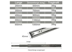 0726502703989 - Wolketon - vingo 2X Schubladenschienen Vollauszüge 350 mm Schubladen Führung kugelgelagert Tragkraft 35