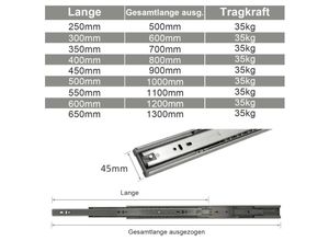 0726502704146 - Wolketon - vingo 6X Schubladenschienen Vollauszüge 250 mm Schubladen Führung kugelgelagert Tragkraft 35