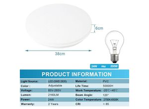 0726502705396 - Vingo - led Deckenleuchte Dimmbar 24W Deckenlampe Sternenhimmel Farbtemperatursteuerung mit Fernbedienung2160LM2700-6500K für - Dimmbar