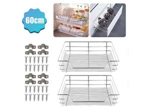 0726503758773 - Hengda - 2x Küchenschublade Schubladen Drahtkorb TeleskopSchublade Ablagen Schrankauszug 60cm - Silber