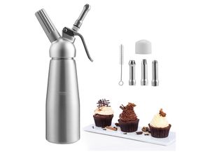 0726506042022 - Hengda - Sahnespender 05 l Aluminium Sahnesyphon Mit 3 Edelstahl Deko-Düsen und Reinigungbürste für die Zubereitung von Schlagsahne Creme Mousse