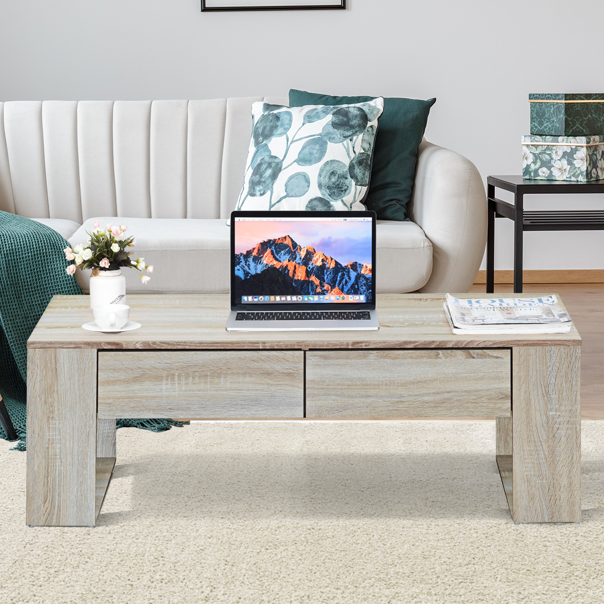 0728370801132 - Couchtisch mit Schubladen Sofatisch aus Holz Beistelltisch fuer Wohnzimmer Balkon Flur Kaffeetisch braun - Costway