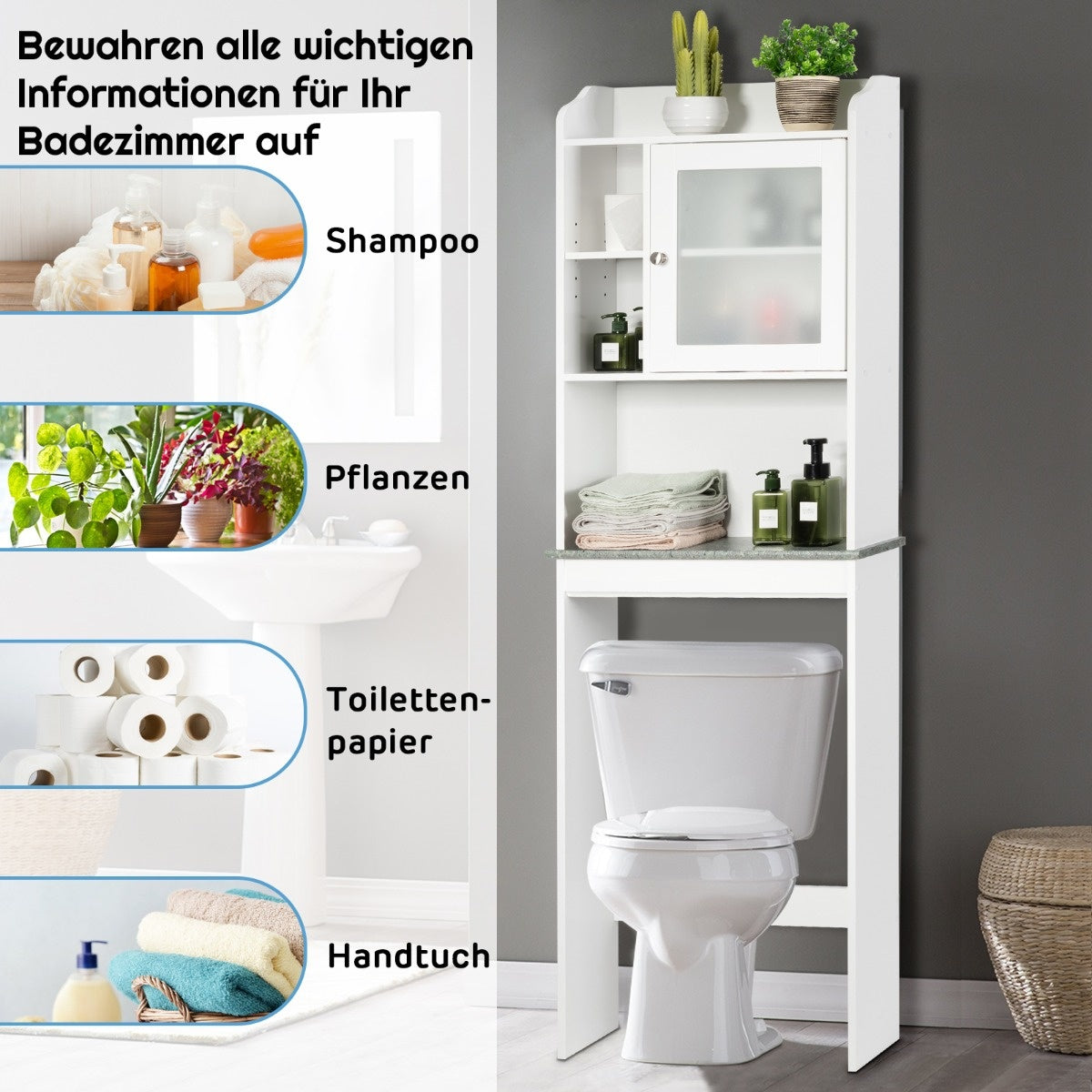 0728370801712 - Toilette Regal Bad Platzsparer mit verstellbaren Ebenen 59 x 19 x 173 cm weiß