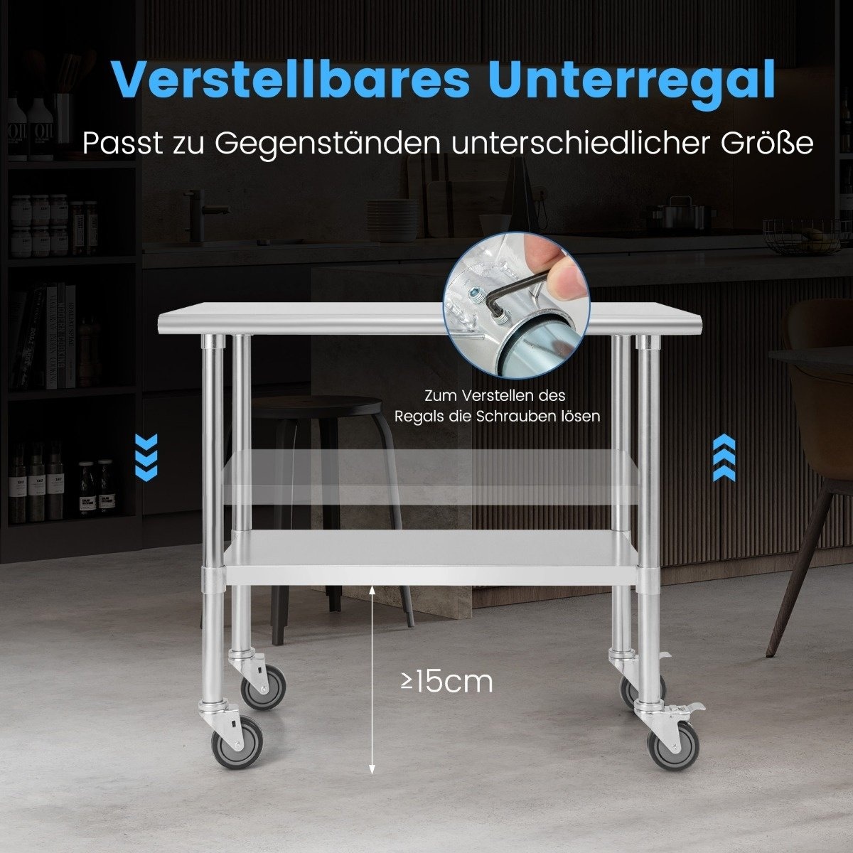 0728370802832 - Costway - Arbeitstisch Edelstahl Edelstahltisch mit Hoehenverstellbarer Ablage Kuechentisch mit 4 Universalraeder 915 x 61 x 885 cm