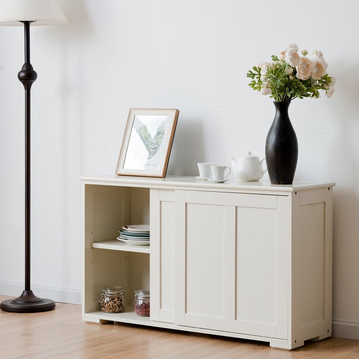 0728370804355 - Sideboard Anrichte Küchenschrank mit Schiebetüren Weiß Braun 1065 x 33 x 60 cm Beige