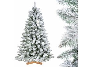 0733991200295 - Fairytrees - Weihnachtsbaum künstlich 150cm fichte mit Christbaum Holzständer Tannenbaum künstlich mit Natur-Weiss Schneeflocken Made in eu