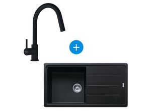 0734077010227 - Set Basis Spüle 97x50cm mit reversibler Abtropffläche Fragranit Mattschwarz + Schwanenhalsmischer mit herausziehbarer Handbra - Franke