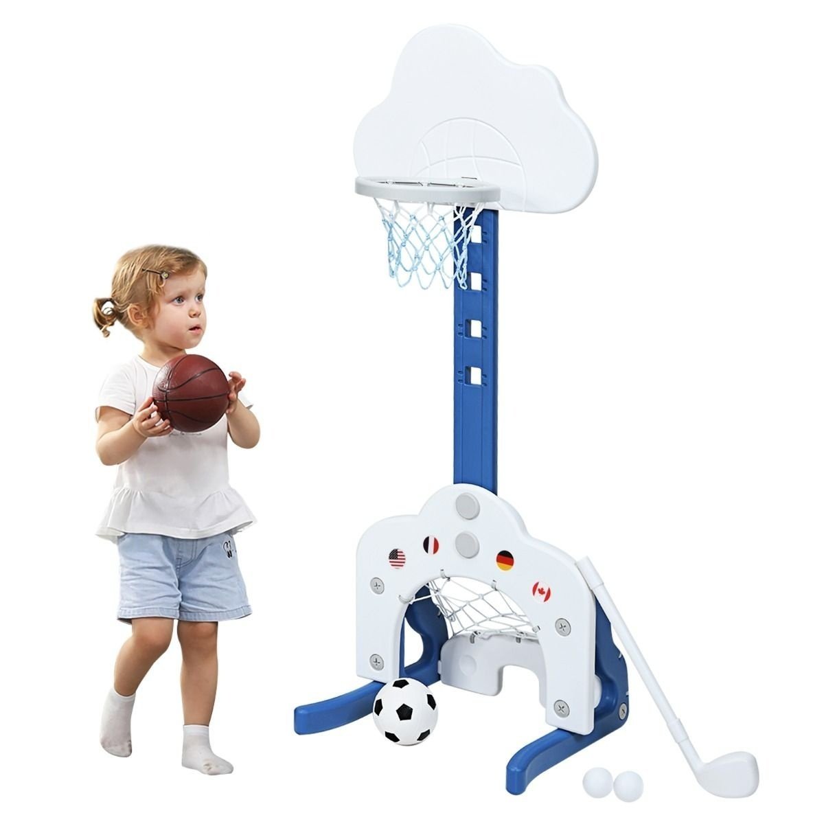 0736542230086 - 3 in 1 Spielset - Basketballkorb Korb Fußballtor und Golfschläger - Verstellbare Höhe - 56 x 505 x 149 cm