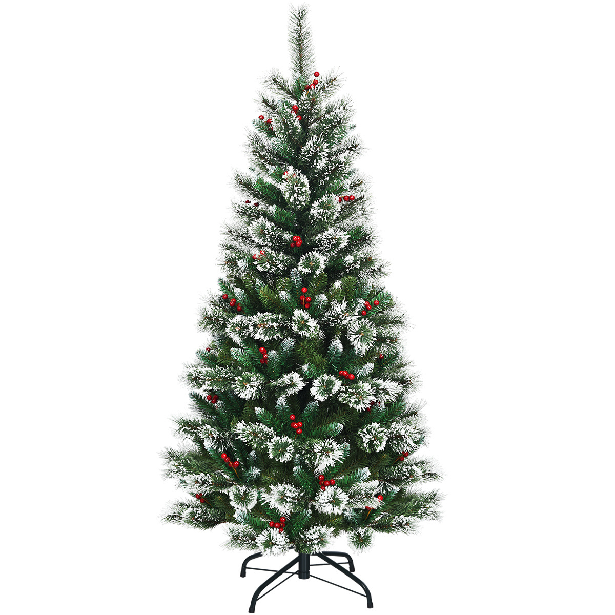 0736542231090 - 180 cm künstlicher Weihnachtsbaum mit Schneeflocken roten Beeren und Tannenzapfen grün