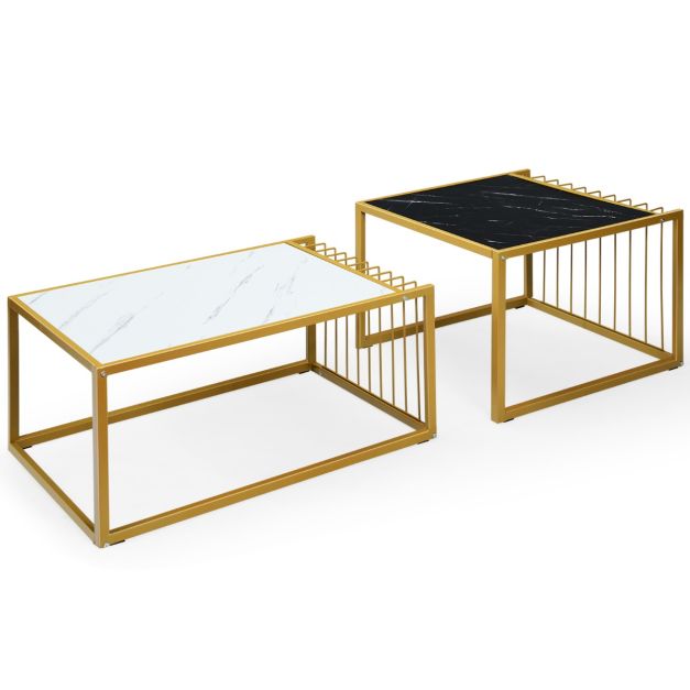 0736542231205 - Costway 2 x Beistelltisch Set Couchtisch SETUAL MARMEL MARMOR MODERN ZIN TISCH GELB + SCHWARZ + WEISS