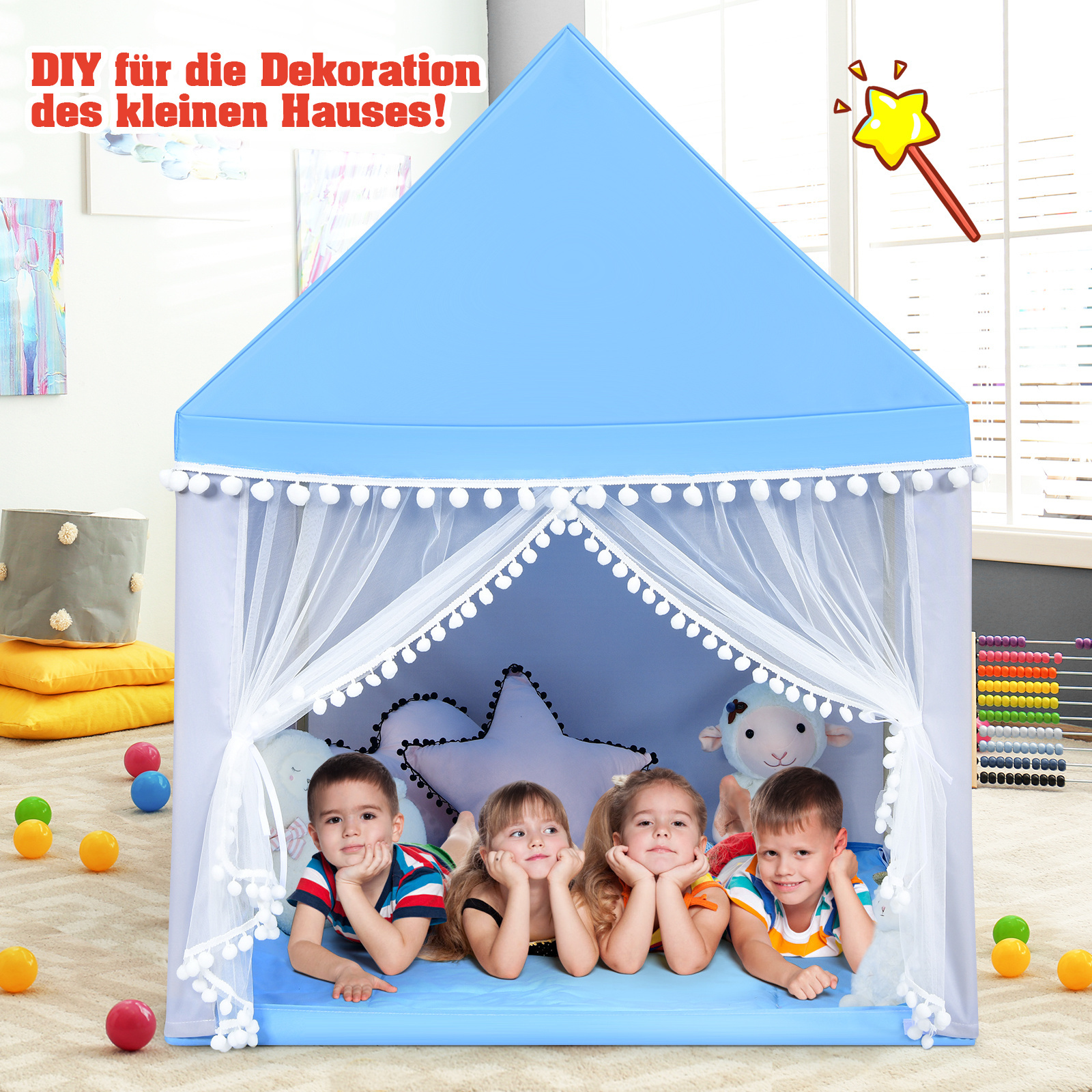 0736542242706 - Kinderspielhaus Kinderzelt Spielhaus Prinzess Prinzessin Kinderspielzelt Stoffzelt mit Massivholzrahmen & Baumwolldecke Kinderspielburg für Jungen