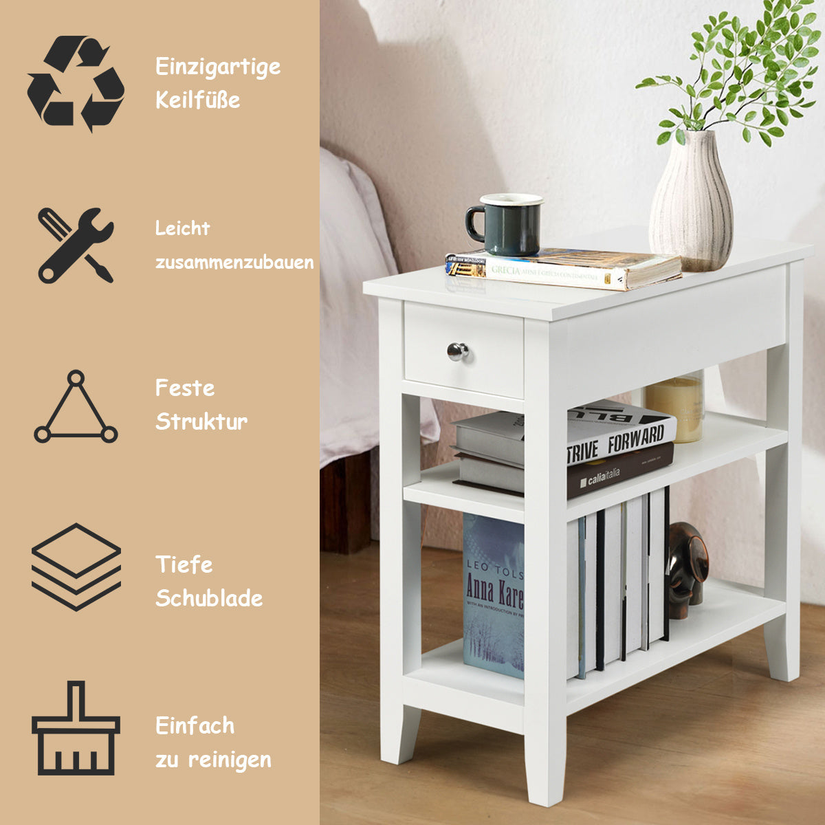 0736542243154 - Coastal Konsolentisch mit Ablage und Schublade 3-stöckiger Beistelltisch aus Holz 60 x 285 x 61 cm weiß