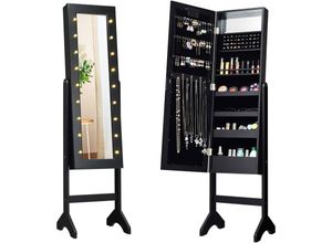 0736542256642 - 18 LED-Schmuckschrank neigungsverstellbar Schmuckregal mit Ganzkoerperspiegel und kleinem Schminkspiegel Schmuck Spiegelschrank fuer Makeup Schwarz