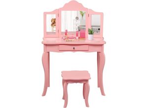 0736542282054 - Kinder Schminktisch mit Hocker und Abnehmbarer Spiegel Maedchen Frisiertisch Holz Kindertisch mit Schublade Spiegeltisch 70x34x103cm Rosa - Costway