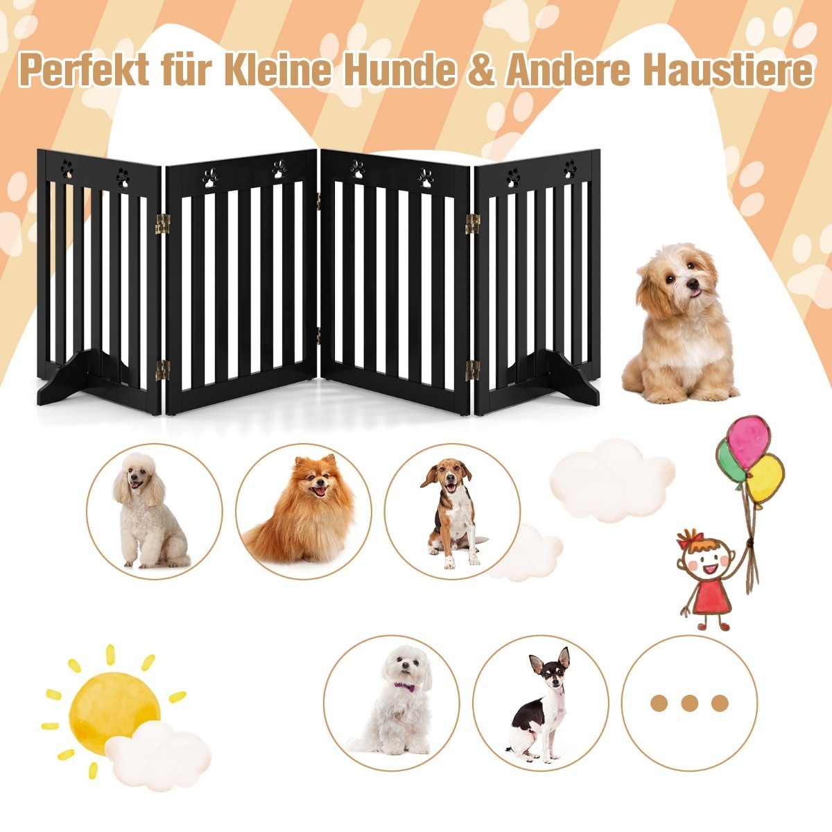 0736542282337 - Absperrgitter Hunde Schutzgitter Holz Kindergitter klappbar Treppengitter 60cm Hoch Hundeabsperrgitter flexibel Tuerschutzgitter braun - Costway