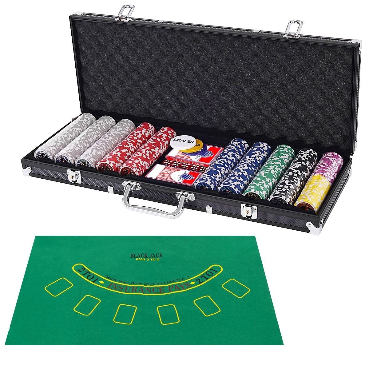 0736542282399 - 500-teiliges Casino-Poker-Set mit Chips & Spielkarten & Würfel & Dealer-Chips & Tischdecke schwarz