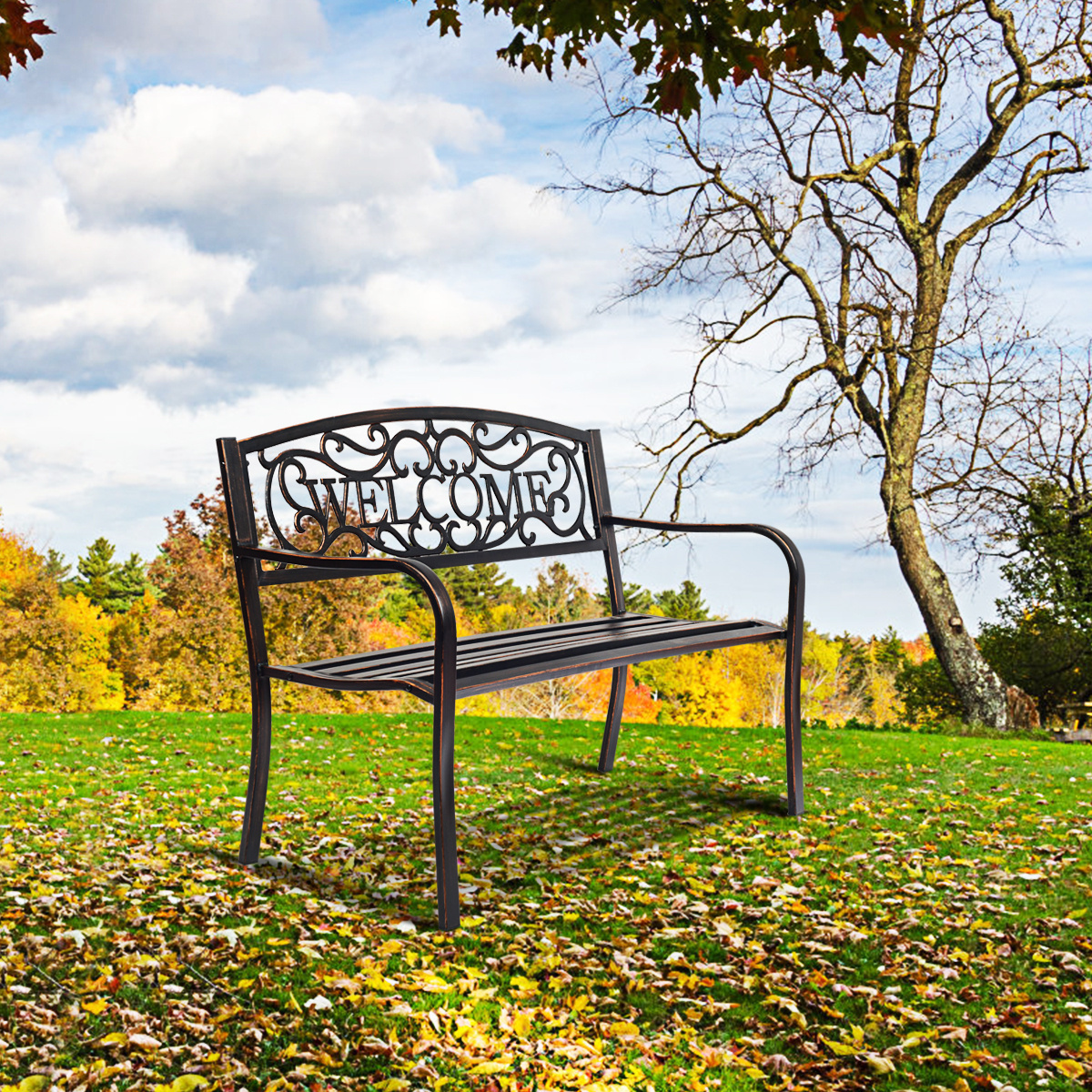 0736542283372 - Costway Gartenbank Parkbank Ruhebank mit Rückenlehnen antike Gartenbank Möbel für Außenbereich Bronze