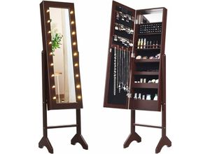 0736542306064 - 18 LED-Schmuckschrank neigungsverstellbar Schmuckregal mit Ganzkoerperspiegel und kleinem Schminkspiegel Schmuck Spiegelschrank für Makeup Braun