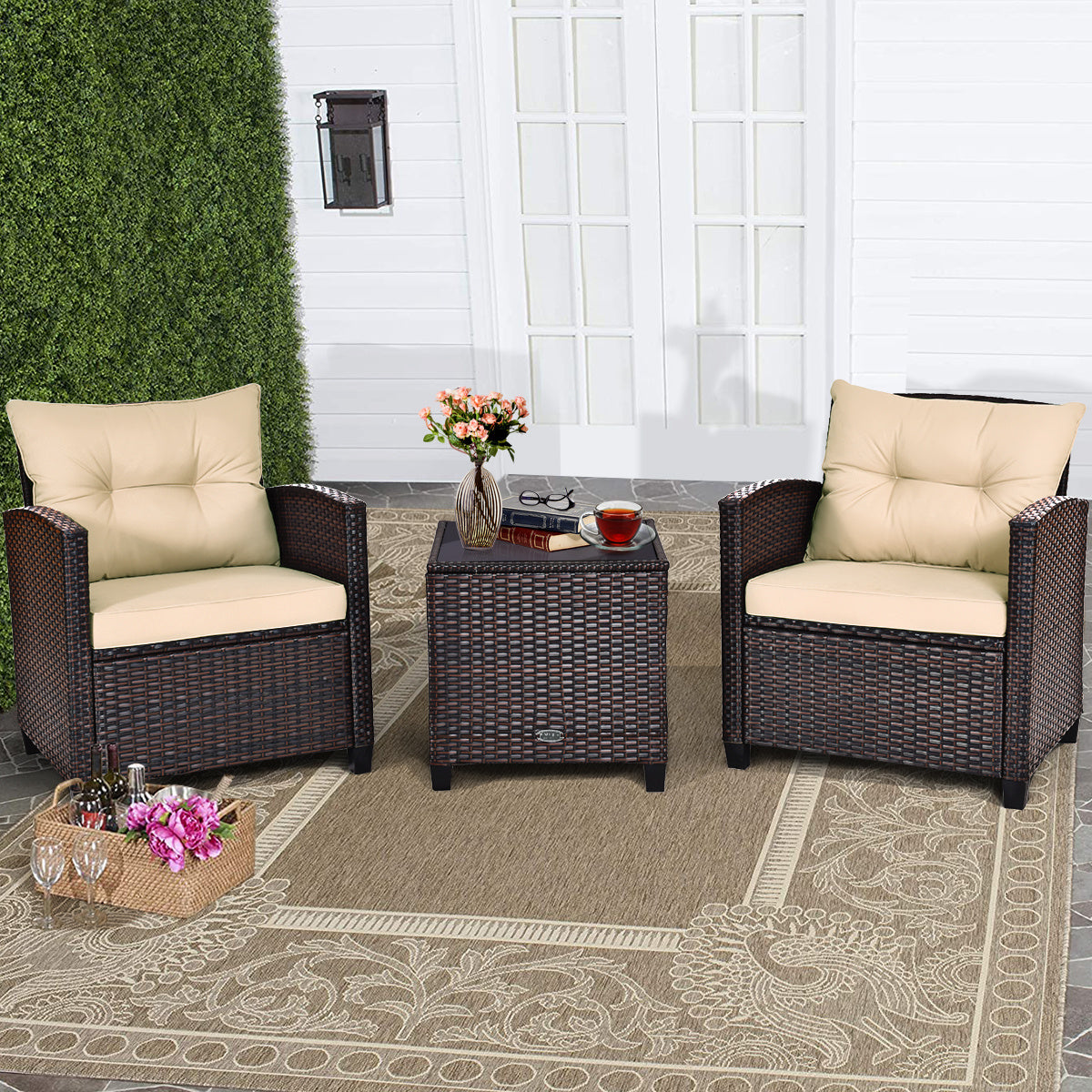 0736542306415 - 3-teiliges Terrassenset Outdoor Rattan Set Gartenmöbel Rattan mit Sitzkissen und Couchtisch gelb + braun