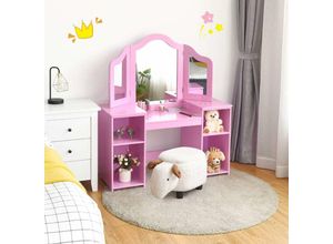 0736542307078 - Coiffeuse pour Enfants 2 en 1 avec Miroir Amovible Bureau Enfant avec 4 Étagères de Style Princesse pour Filles Rose