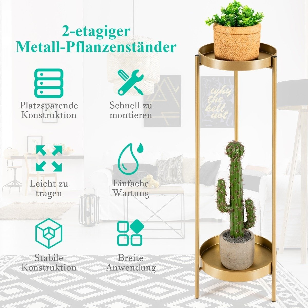 0736542321395 - 2-stöckiger Pflanzenständer aus Metall moderne Blumenständer mit Regal 25 x 80 cm gold