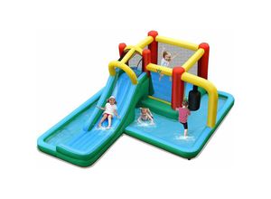 0736542322057 - Hüpfburg aufblasbar Wasserrutsche Spielpool Springburg mit Rutsche Kletterwand Tunnel Pendel Planschbecken Wasserpark 470x370x190cm - Costway