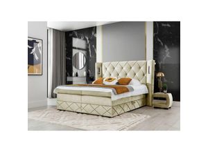 0739805055693 - Boxspringbett Schlafzimmerbett ELVIANO 200x200cm Stoff Ecru inkl Ambiente-LED