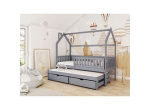 0739805080374 - Hausbett Kinderbett marcy 200x90cm Kiefer Massiv Grau inkl Zusatzbett