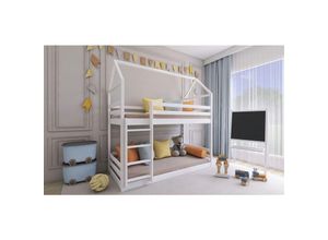 0739805080534 - Hochbett Etagenbett Hausbett Kinderbett TONIA 200x90cm Kiefer Massiv Weiß