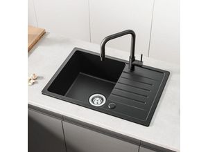 0745259356538 - Spülbecken Schwarz 65 x 45 cm Küchenspüle aus Granit Schwarz Waschbecken Küche mit Reversible Installation Spüle Schwarz Einbauspüle