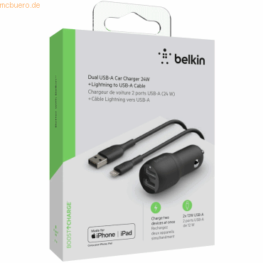 0745883790449 - Belkin BOOST CHARGE Dual Charger - Auto-Netzteil - 24 Watt - 48 A - 2 Ausgabeanschlussstellen (USB) - auf Kabel Lightning - Schwarz (CCD001BT1MBK)