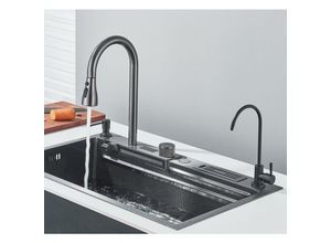 0752692592454 - Spültischarmatur aus grauem Gunmetal-Edelstahl digitale Mischbatterie + 2 Knöpfe Mischbatterie mit Seifenspender schwarze Küchenarmatur Jet