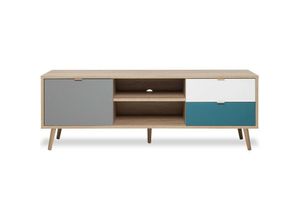 0754003758306 - Abitare - TV-Schrank 150x40x52 cm helle Eiche Mattweiß Hellgrau und Petrol mit einer Tür und zwei Schubladen - Alcamo