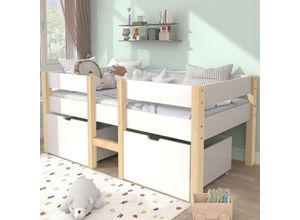 0755793389510 - Bett Kinderbett mit Schublade und Rausfallschutz Kiefer-Vollholz-90x200 cm-Wei & Eiche