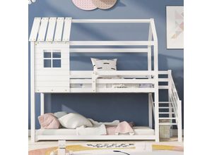 0755793389909 - Etagenbett Bett mit Ecktreppe Hausbett Kinderbett mit Fallschutz und Gitter mit Fenster Rahmen aus Kiefer wei (200x90cm)