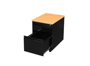 0759119997649 - Lüllmann ® - Profi Stahl Büro Rollcontainer Bürocontainer mit Hängeregistratur Maße 62x46x59cm ral 9005 Schwarz Buche-Dekor Abdeckplatte 505201