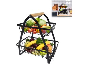 0762418699572 - Froadp - 27x17x30cm Obst Etagere 2 Etagen Obstschale aus Metall Obstkorb mit Holzgriff Gemüsegestell Abnehmbar Obsthalter für Obst Gemüse Brot Snacks