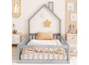 0763492776548 - Kinderbett mit Rausfallschutz Bodenbett Kinder aus Kiefernholz und MDF-Material Montessori Bett mit Schornsteinform(Ohne Matratze) Hausbett Gilt